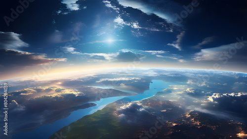 A realistic illustration of Earth as seen from space, with continents clearly visible in the deep blue ocean, in a style reminiscent of high-resolution satellite imagery