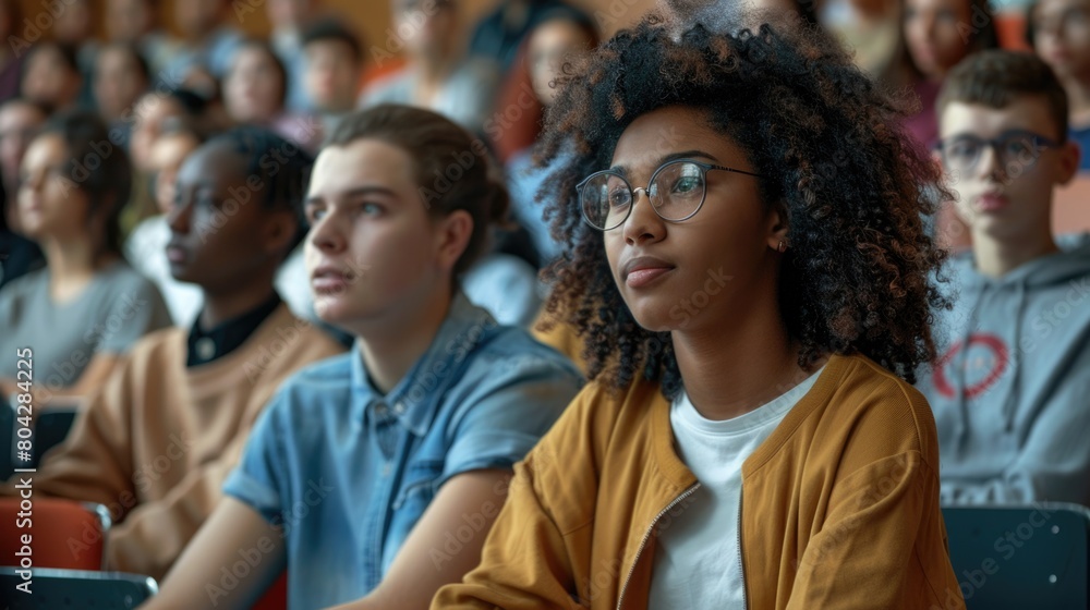 Multiethnic group of university students in lecture hall Multiethnic group of university students in lecture hall