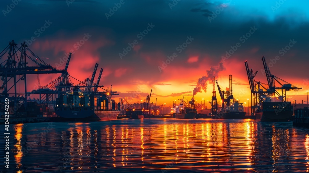 A vibrant harbor scene at dusk, with the sky ablaze in fiery shades of orange and red as the last rays of sunlight silhouette the dockside structures and ships