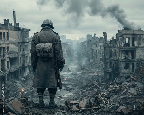 A solemn Russian soldier standing before a bombed city in Eastern Europe, his gaze fixed on the ruins 8K , high-resolution, ultra HD,up32K HD photo