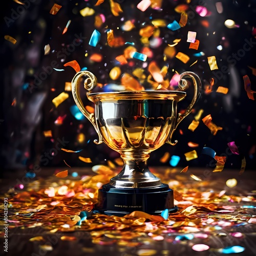 Golden winner trophy with falling confetti with dark background, Ai Generated