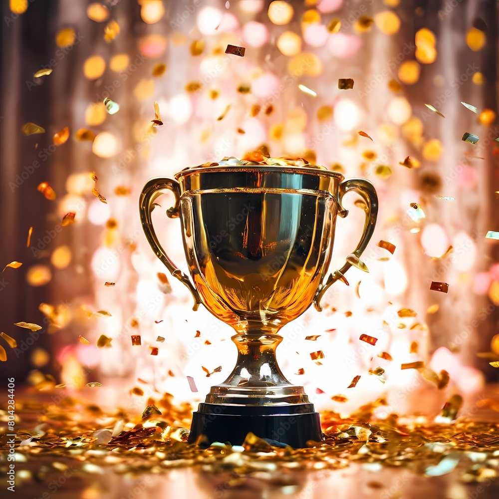 Golden winner trophy with falling confetti with dark background, Ai Generated Golden winner trophy with falling confetti with dark background, Ai Generated