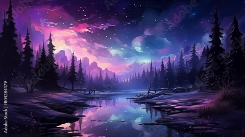 Luminous Night Sky Over Calm Lake in Purple Tones