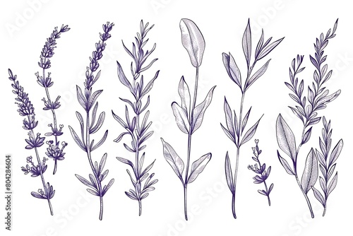 Set of lavender frame templates in minimal linear style with hand drawn branches and leaves. Botanical vector illustration for labels, corporate identity, wedding invitation, logo, save the date .