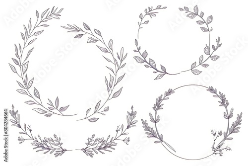 Set of lavender frame templates in minimal linear style with hand drawn branches and leaves. Botanical vector illustration for labels, corporate identity, wedding invitation, logo, save the date .