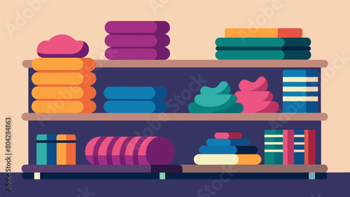 Stacks of plush and cushioned socks available in various thicknesses and heights are arranged neatly on a shelf.. Vector illustration