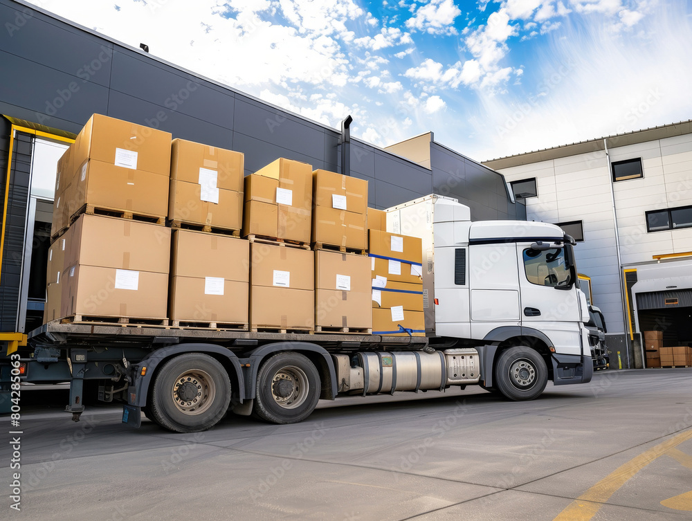 Naklejka premium A white truck with a flatbed trailer loaded with large cardboard boxes is parked at the loading dock of a contemporary distribution center