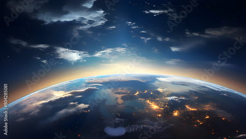 A realistic illustration of Earth as seen from space, with continents clearly visible in the deep blue ocean, in a style reminiscent of high-resolution satellite imagery