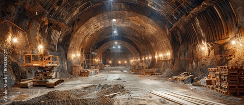 Illuminated Underground Tunnel During Construction photo