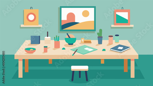 A table set up for a workshop on creating art from reused materials with examples of finished pieces lining the surrounding walls.. Vector illustration