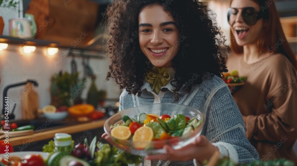 Happy young woman serving festive table with vegetable salad in bowl while standing against her friend bringing other snacks and appetizers