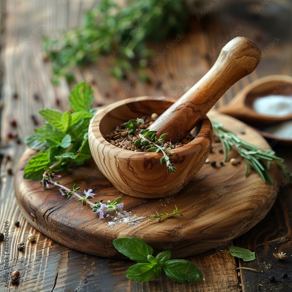 Wooden table adorned with mortar and pestle filled with aromatic kitchen herbs 8K , high-resolution, ultra HD,up32K HD