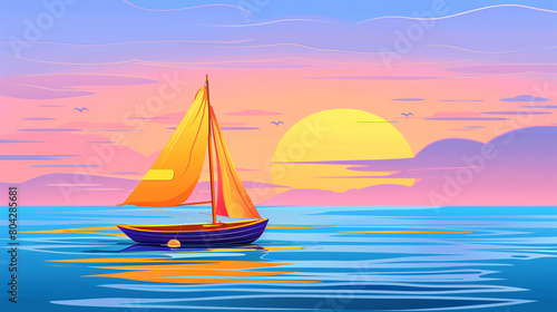 A sailboat sails in the blue calm waters of the ocean at sunset. Serene seascape.