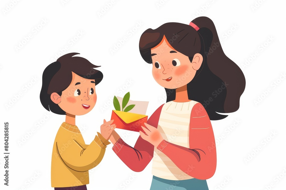 A touching moment as a mother receives a handmade card from her child, filled with love and appreciation. A touching moment as a mother receives a handmade card from her child, filled with love and appreciation.