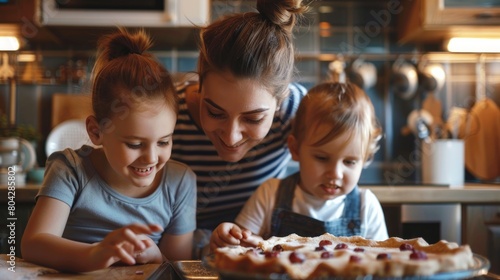 Horizontal shot of happy woman with bun hairstyle wearing striped shirt sitting on floor in kitchen with her kids, mother and her kids waiting for tasty pie, baking in oven