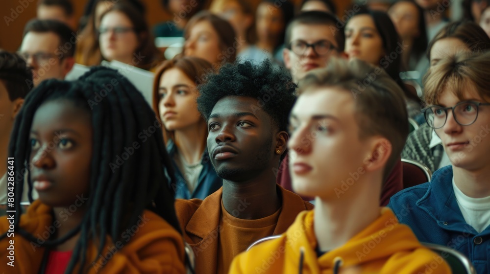 Multiethnic group of university students in lecture hall Multiethnic group of university students in lecture hall
