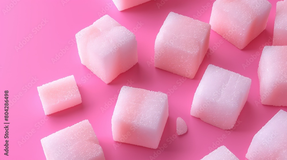 Vibrant pink sugar cubes on pink background, concept of hidden sugars in attractive foods Vibrant pink sugar cubes on pink background, concept of hidden sugars in attractive foods