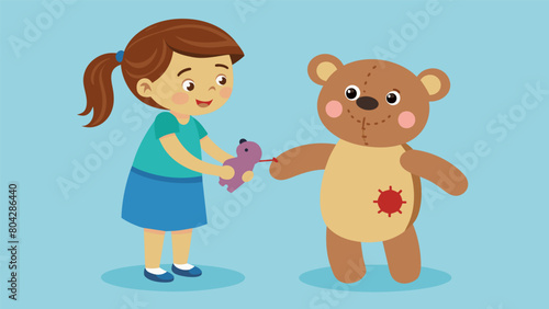 A young girl giving her old teddy bear a new lease on life with a fresh set of button eyes and a patchedup belly.. Vector illustration