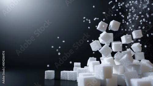 Dynamic scattering of sugar cubes on a black background, depicting sugar consumption excess photo