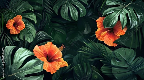 Tropical plants and flowers background, dark green leaves with orange hibiscus 