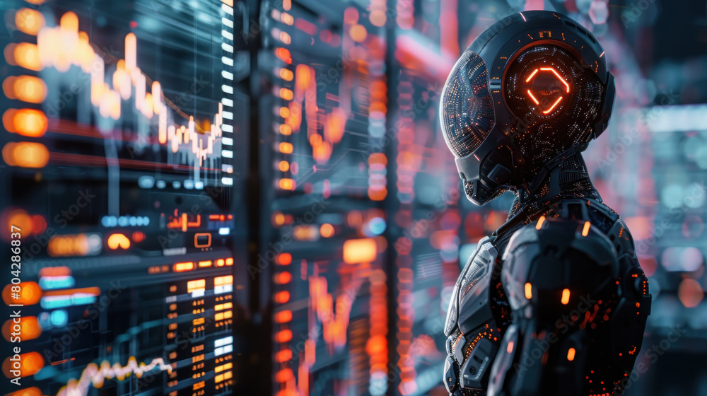 Obraz premium smart robot with artificial intelligence on the background of data display with a financial market graph, copy space