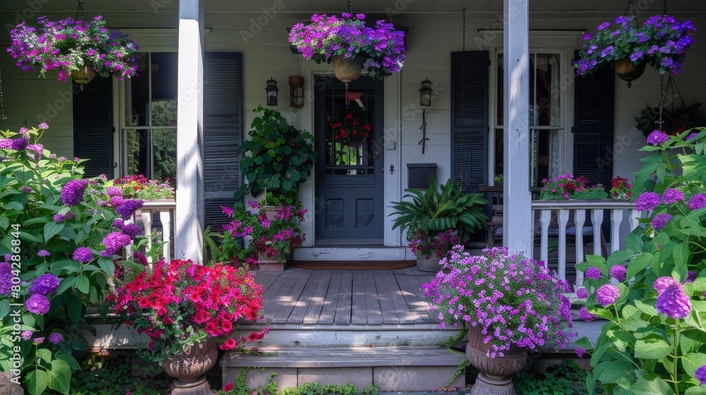 Fototapeta premium Charming Front Porch With Flowers and Potted Plants