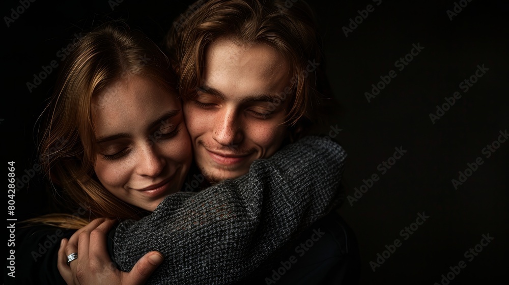 Young couple in love hug each other on the black background Young couple in love hug each other on the black background