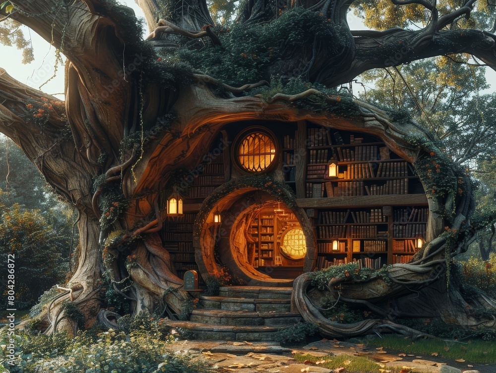 Magical Tree Library Glowing at Dusk