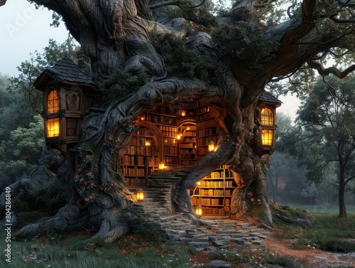 Enchanted Tree House Library in Twilight © Plumeria