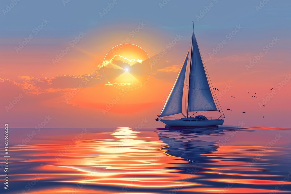 A beautiful sailboat gracefully glides across the shimmering water as the sun sets behind it, creating a breathtaking scene of tranquility and serenity.