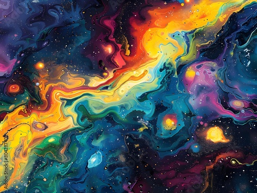 An abstract representation of outer space, featuring swirling galaxies, distant stars, and colorful nebulae.