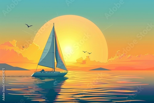 A peaceful sailboat glides across the water as the sun sets behind it  casting a warm glow on the horizon.