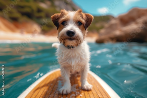 Happy dog sitting on paddle board. The pet Having fun on SUP board at summer day. Active lifestyle with pets. Sea and mountain view, poster, wallpaper. SUP board training with pets, relaxation.