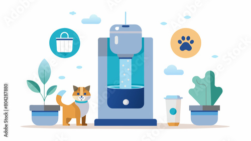 Keep your pet healthy and hydrated with a smart water fountain that uses a multistage filtering system to remove contaminants and keep the water. Vector illustration