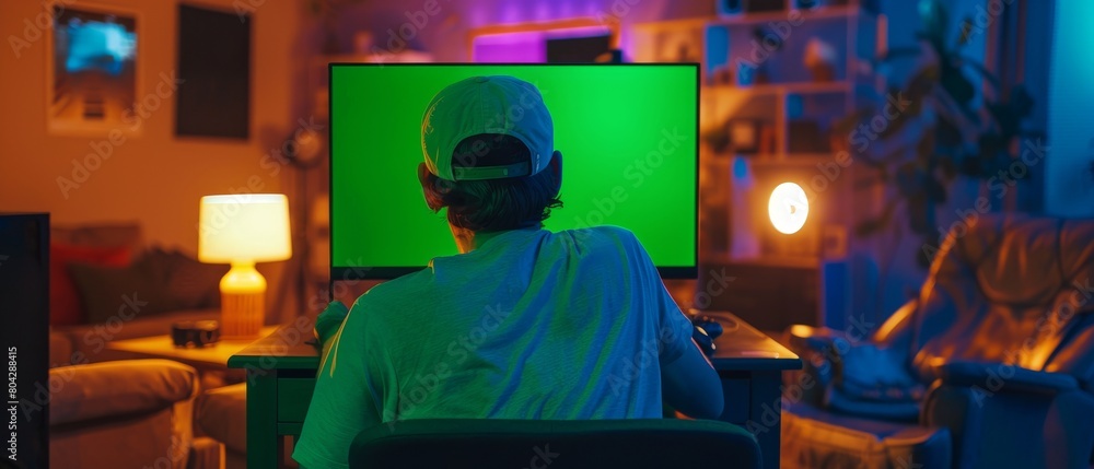 Playing an Online Video Game on His Powerful Computer with Colorful Neon LED Lights. A Mock-Up in a Living Room with Warm Lamps at Night. A young man in a cap wearing a cap is playing an Online Video