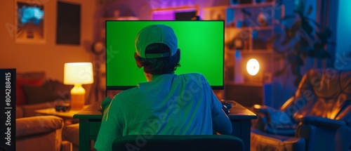 Playing an Online Video Game on His Powerful Computer with Colorful Neon LED Lights. A Mock-Up in a Living Room with Warm Lamps at Night. A young man in a cap wearing a cap is playing an Online Video