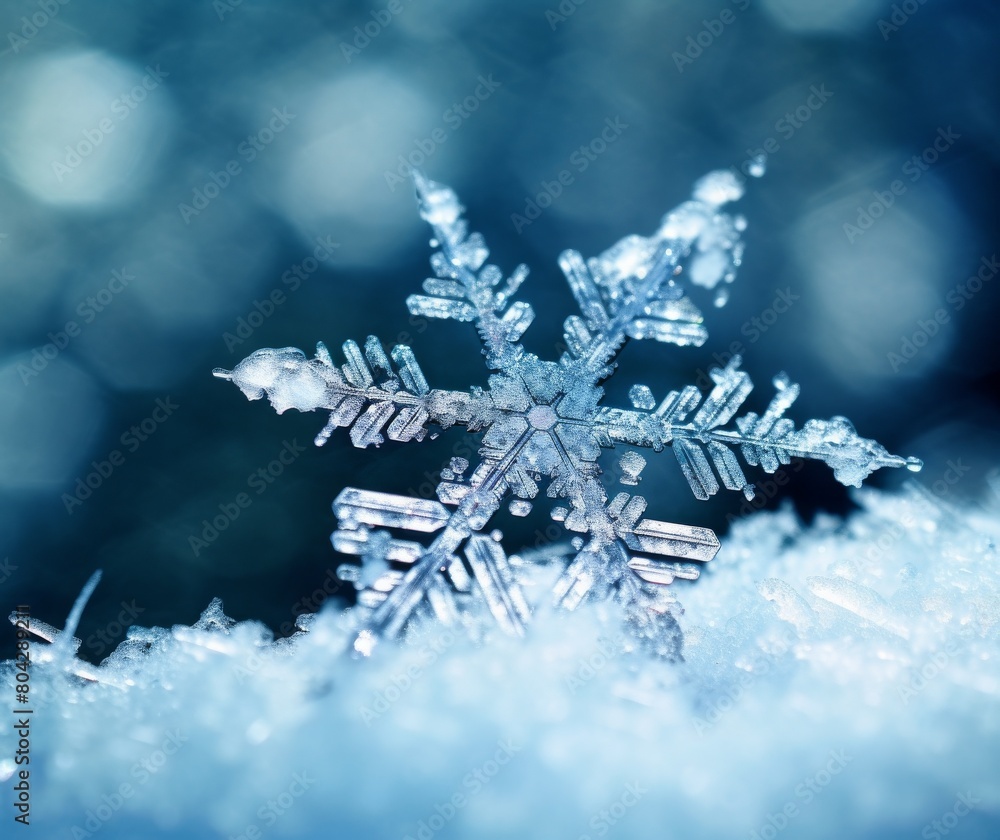 Macro Photography of Delicate Snowflake on Wintry Blue Background