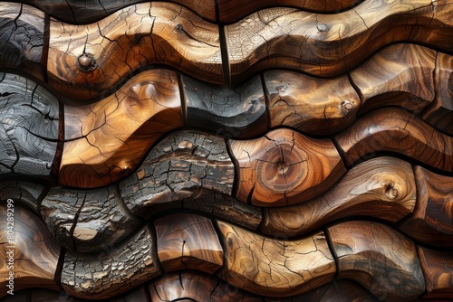 A close-up image of intricately textured wooden wall panels showing natural wood grain and patterns