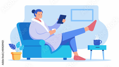 Wearing a comfy robe and fuzzy slippers while lounging in a recliner legs stretched out and browsing through workout challenges for the week ahead.. Vector illustration