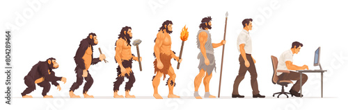 Human evolution from monkey to businessman and computer user concept. Male character evolve steps from ape to upright sapiens. Darwin theory cartoon vector illustration
