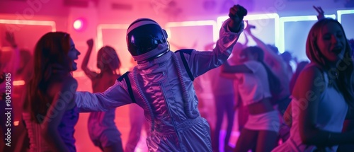 College House Costume Party: Spacesuit wearing guy dances with beautiful girls and boys in neon lights. He is dancing with a robot and doing modern robot moves.