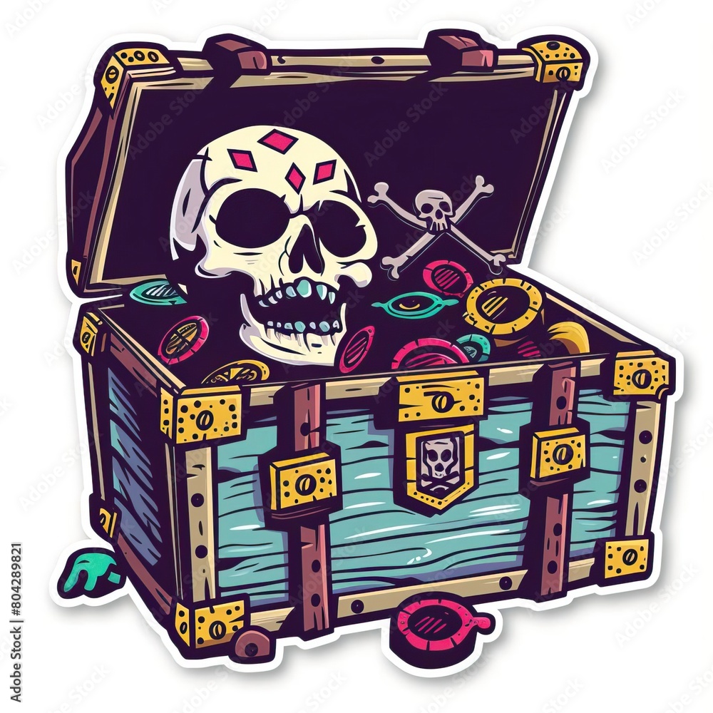 A skull and crossbones in a treasure chest full of gold coins.