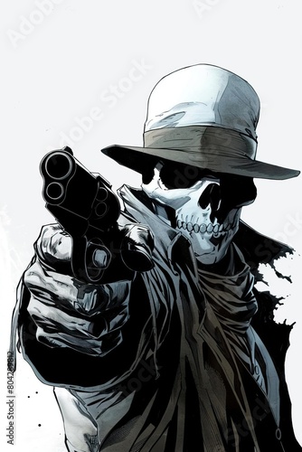 A skeleton wearing a hat and trench coat points a gun at the viewer. photo