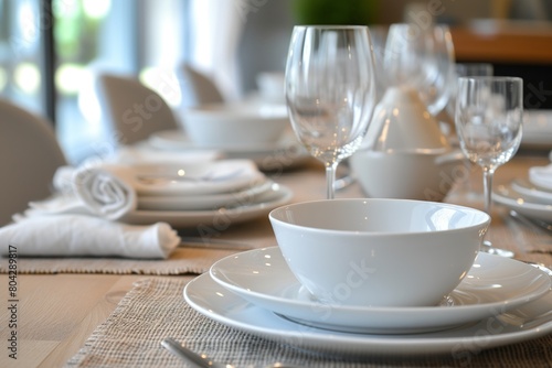 table setting white dishes modern glasses light shade © Сергей Косилко