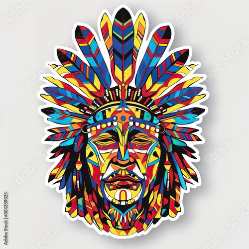 A sticker of a Native American chief with a colorful headdress. photo