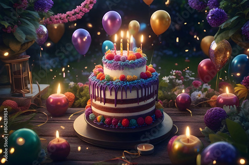 Happy birthday colourful cake with candles, flowers, balloons, magic sparkles in the garden. Anniversary cake decorated with beautiful icing for greeting card, postcard, invitation.