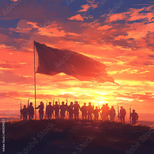 Military Flag Bearers in Silhouette Against Sunrise Sky - Perfect for Patriotism and Military Themes photo