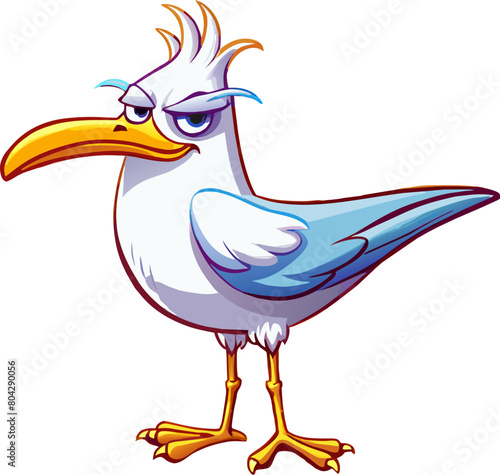 Illustration of a seagull. Cartoon style. Funny angry bird character highlighted on a white background. Vector illustration