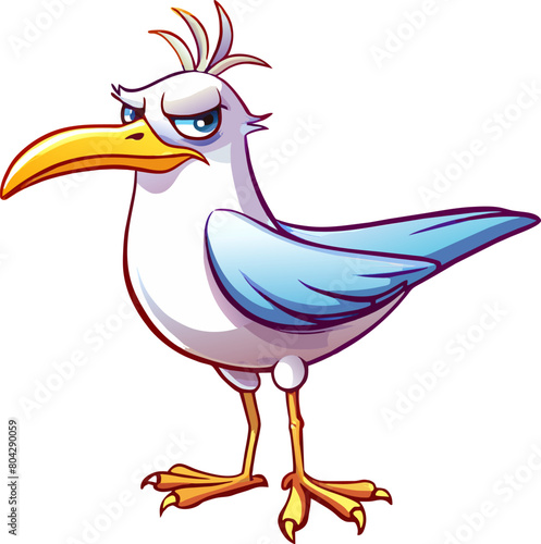 Illustration of a seagull. Cartoon style. Funny angry bird character highlighted on a white background. Vector illustration