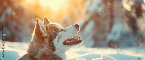 Happy Siberian husky on walk in winter park photo